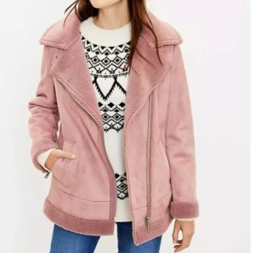 Ann Taylor LOFT Faux Suede Aviator Biker Jacket in Pink and Silver L